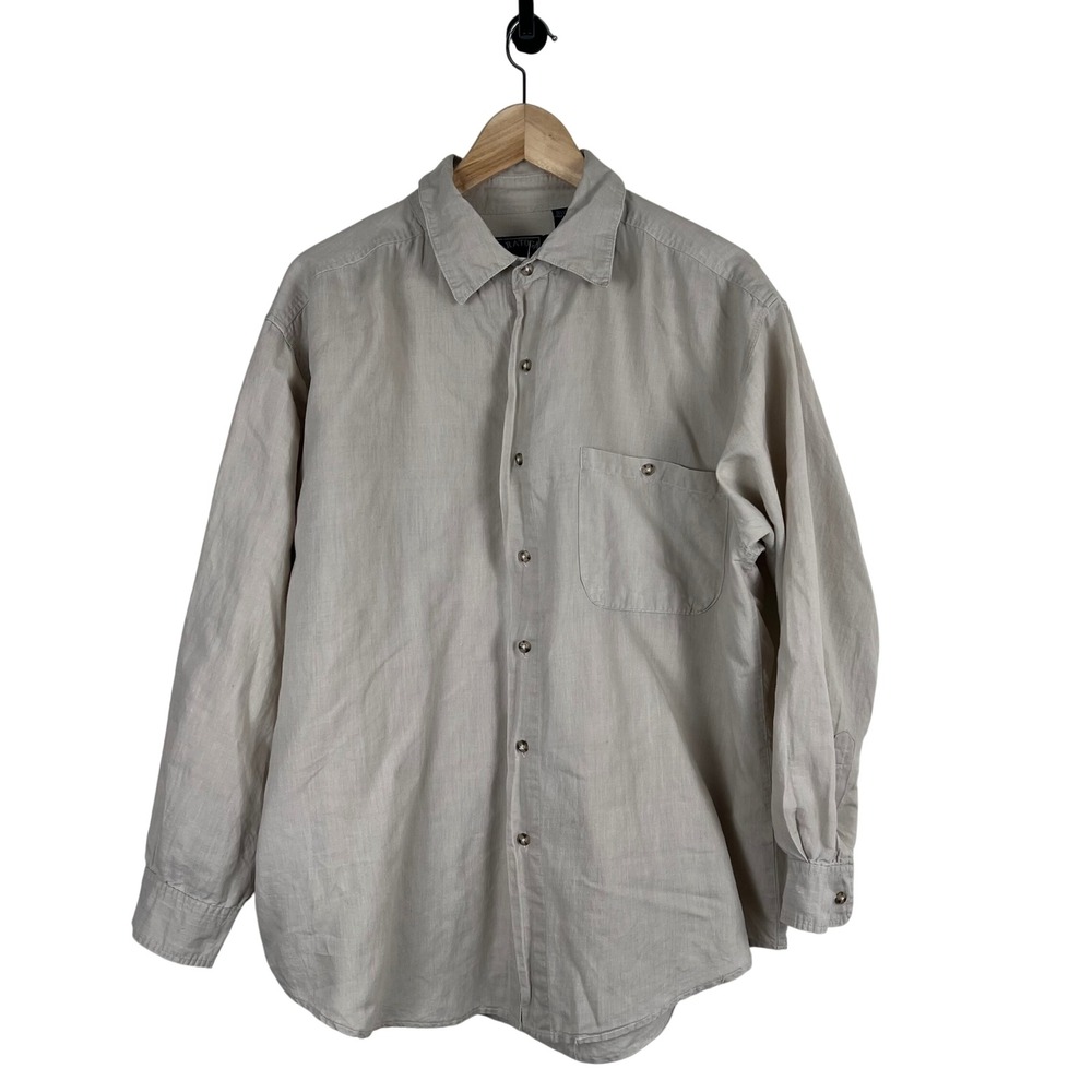 Saratoga Mens Linen Cotton Button Down Shirt Beige Long Sleeve Large RN 83876